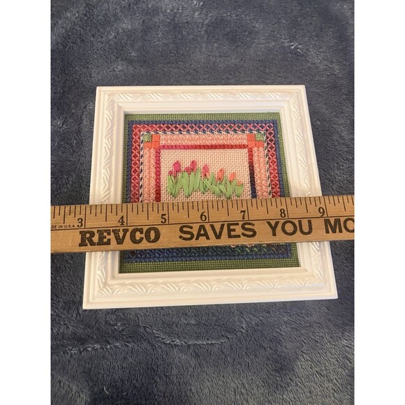 Finished Framed Cross Stitch Piece 4" x 4" Tulip Garden Farmhouse Cottage Core - Picture 3 of 6